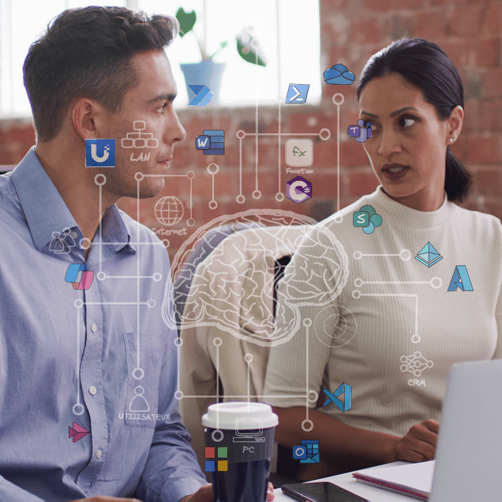 Homme et femme discutant de techonologies Microsoft